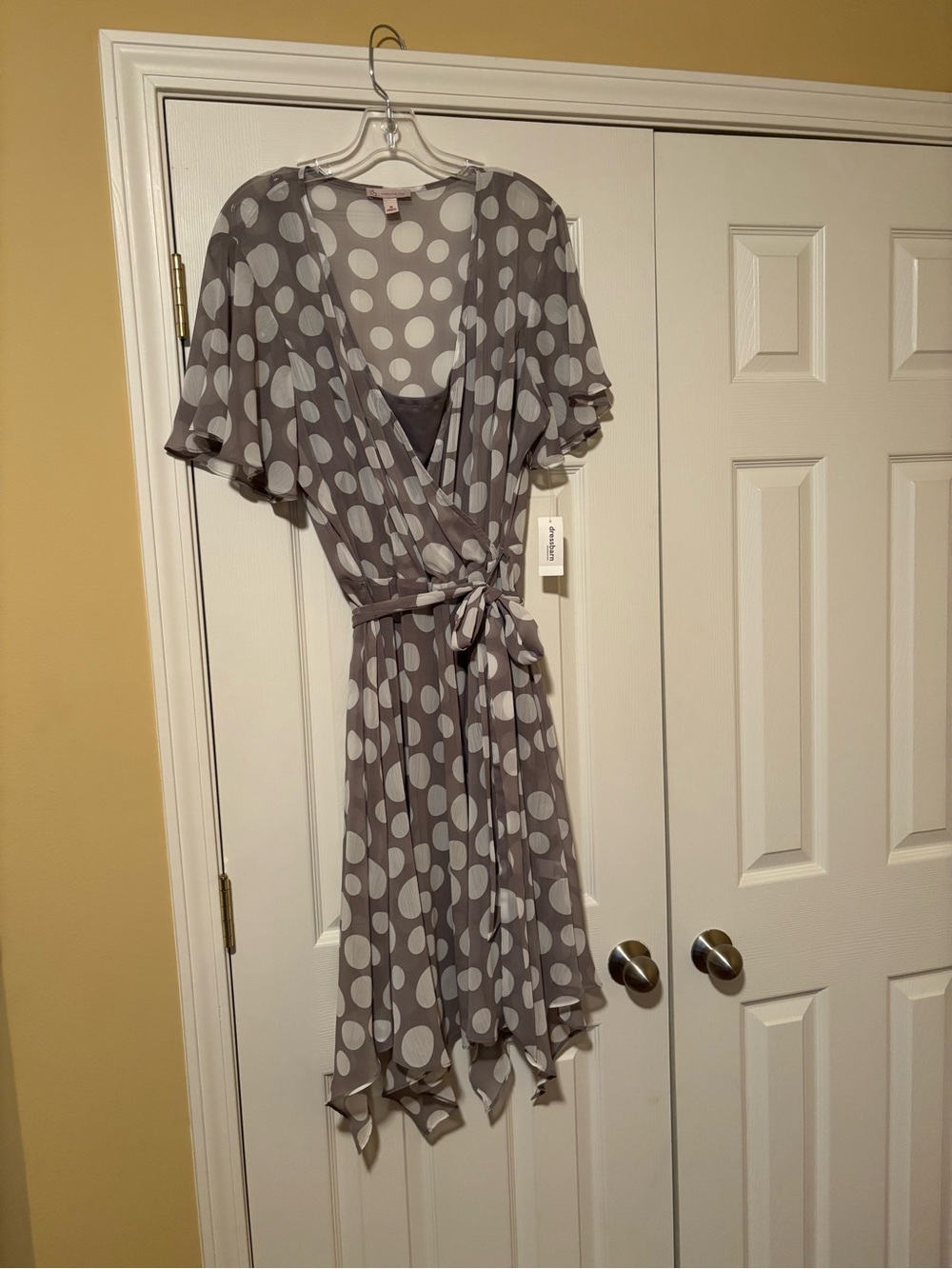 Dress Barn Gray Polka Dot Asymmetrical Wrap Dress